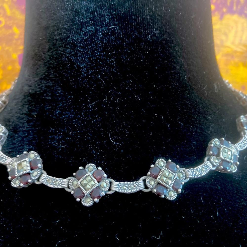 Sterling silver, marcasite, and garnet collar choker. Art Deco - 1930s.